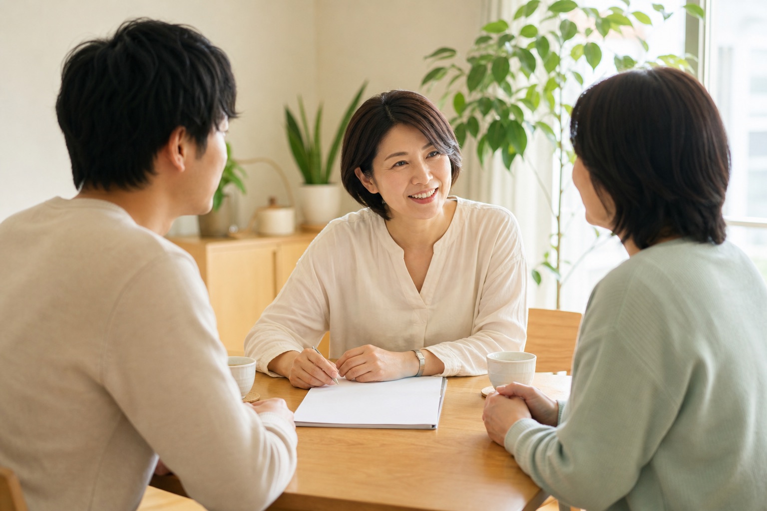 ご自宅でスタッフと話す利用者（イメージ写真）