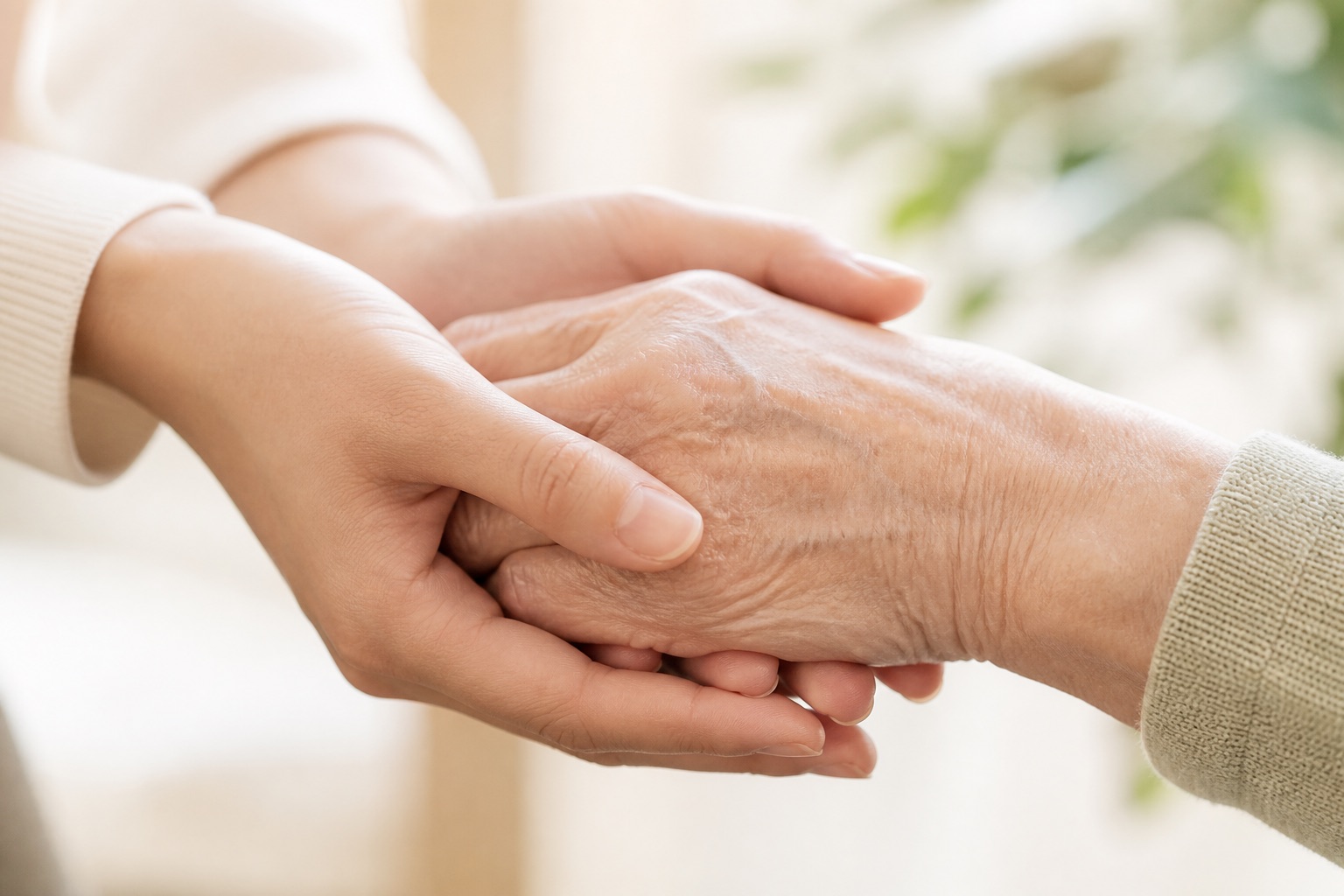 利用者の手を支えるスタッフの手元（イメージ写真）