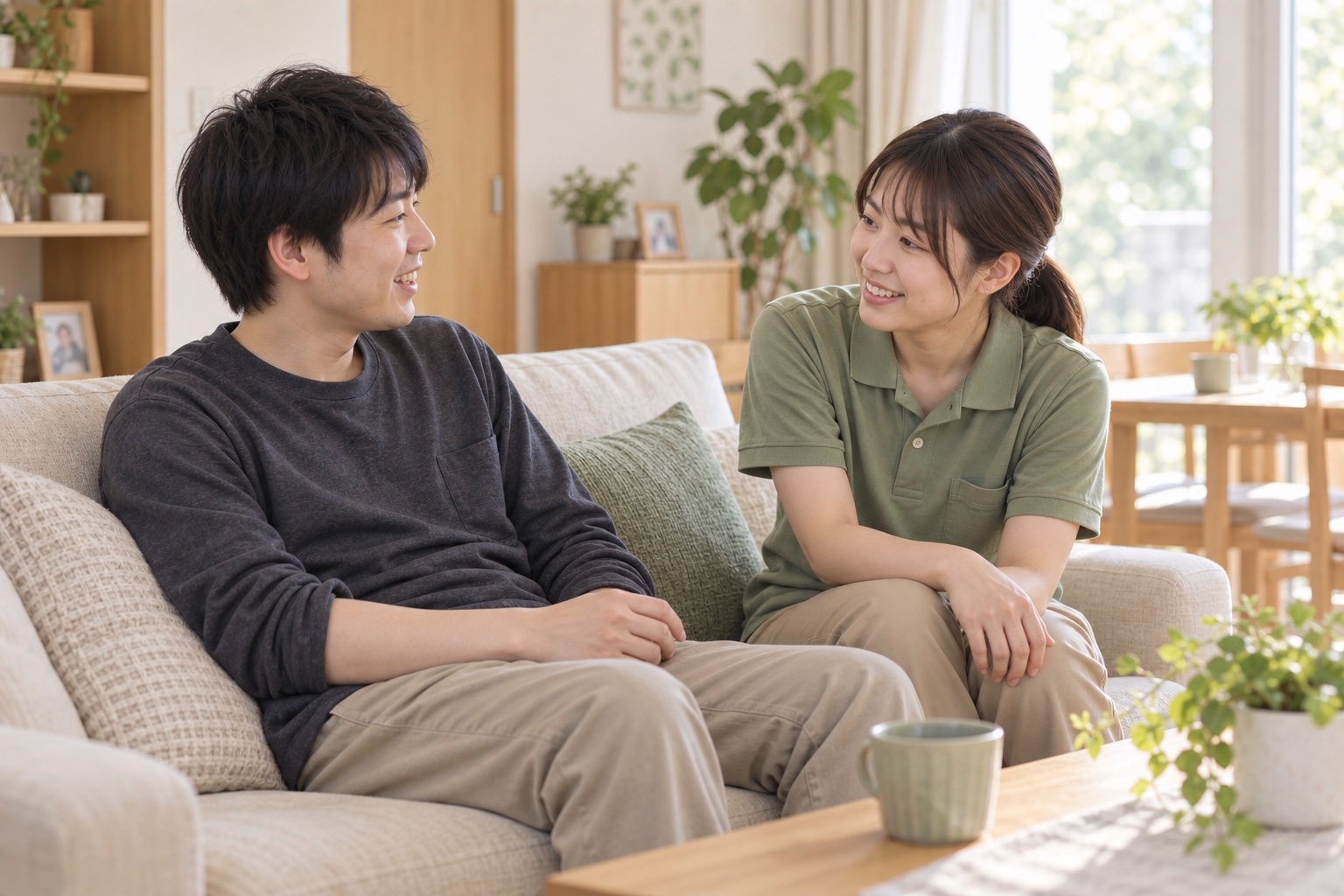 共用のリビングでスタッフと話す入居者（イメージ写真）