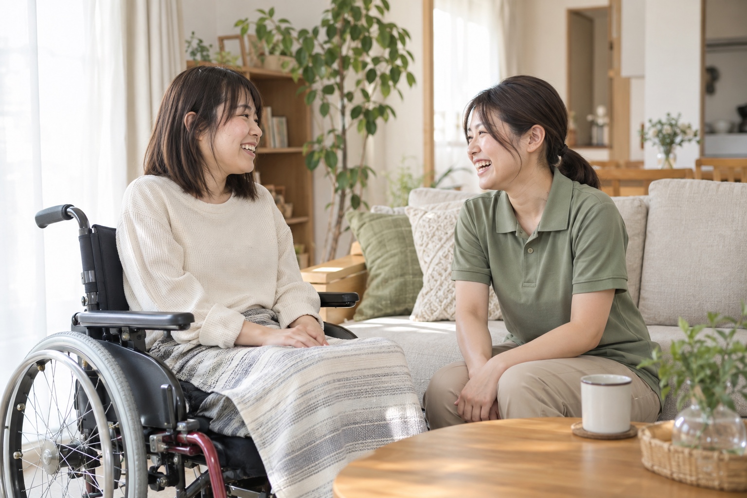 ご自宅のリビングで穏やかに話すヘルパーと利用者（イメージ写真）