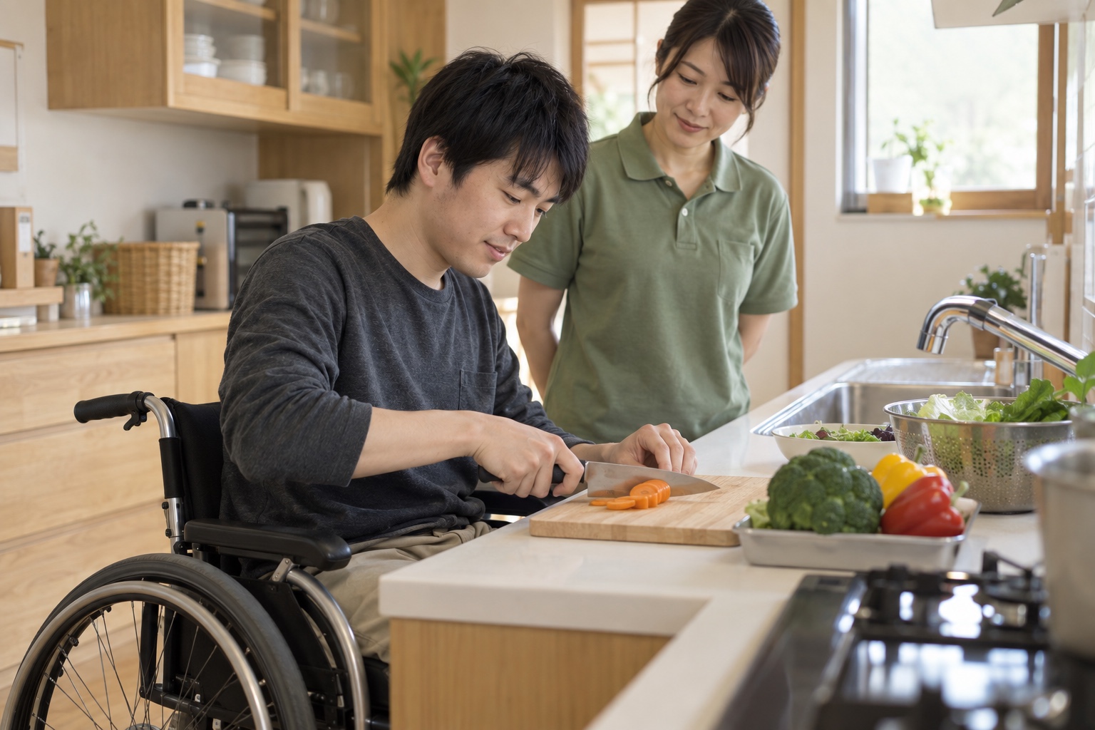キッチンで自分で調理する利用者とそばで見守るヘルパー（イメージ写真）