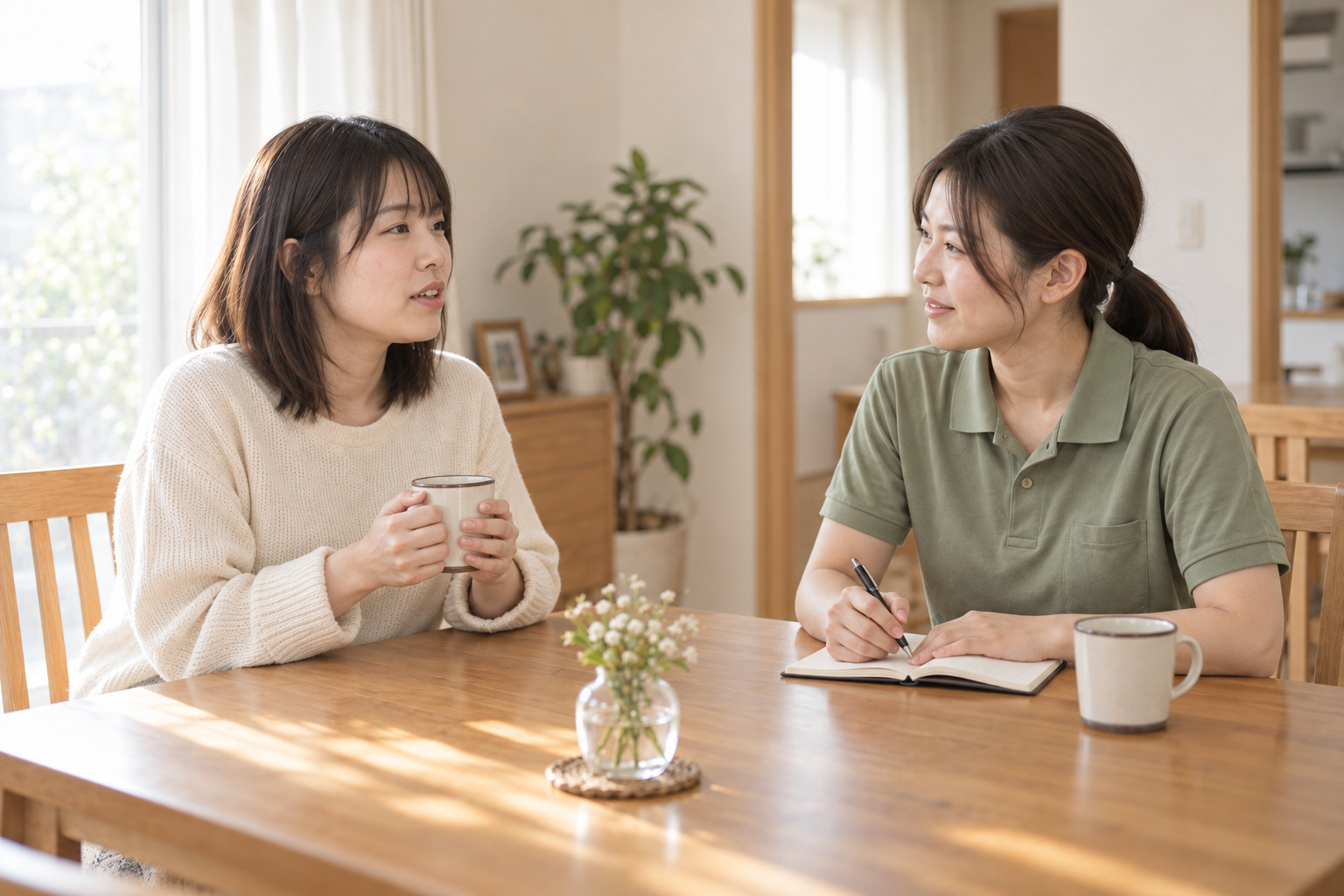 ダイニングで利用者の話にうなずきながらメモを取るヘルパー（イメージ写真）