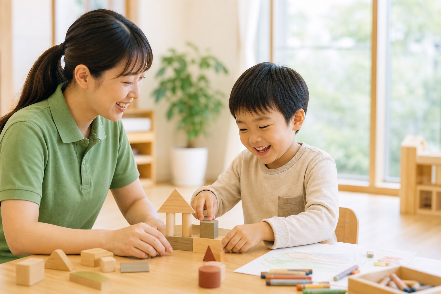 プレイルームでスタッフと遊ぶ男の子（イメージ写真）