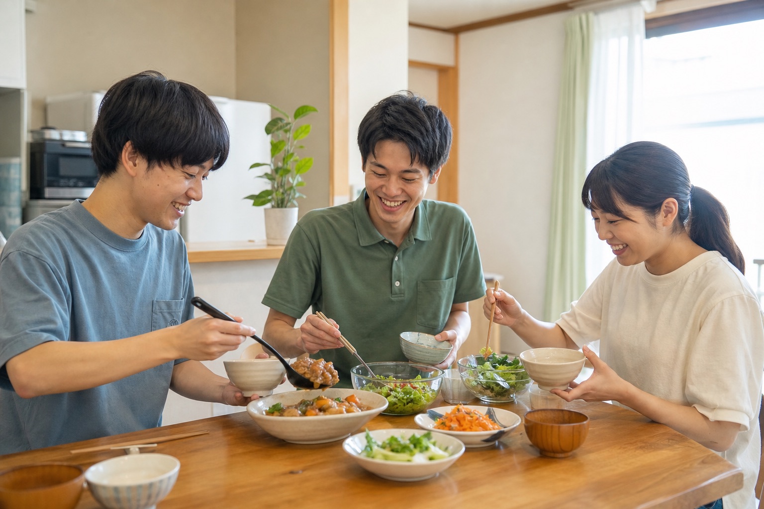 グループホームのダイニングで過ごす入居者とスタッフ（イメージ写真）