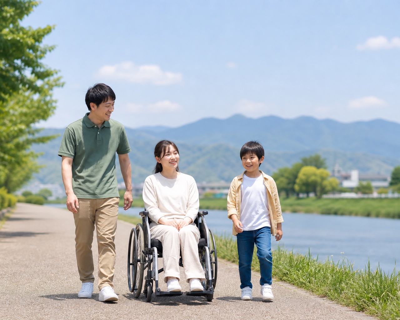 川沿いの道をスタッフ・車いすの成人・小学生がいっしょに歩く様子（イメージ写真）