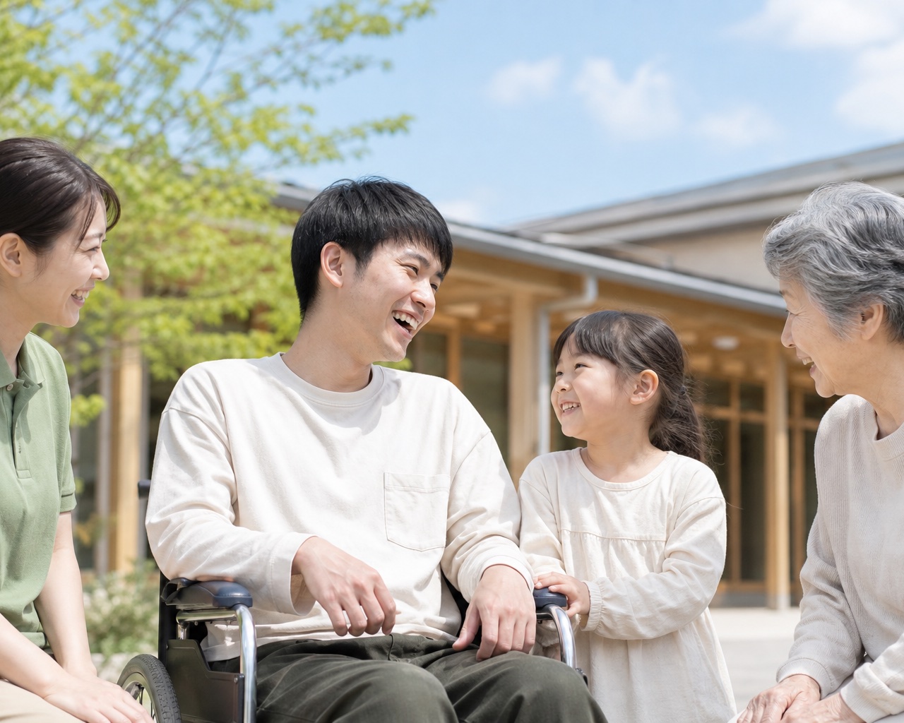 屋外でスタッフ・車いすの成人男性・小学生の女の子・70代の女性が集う多世代のひととき（イメージ写真）