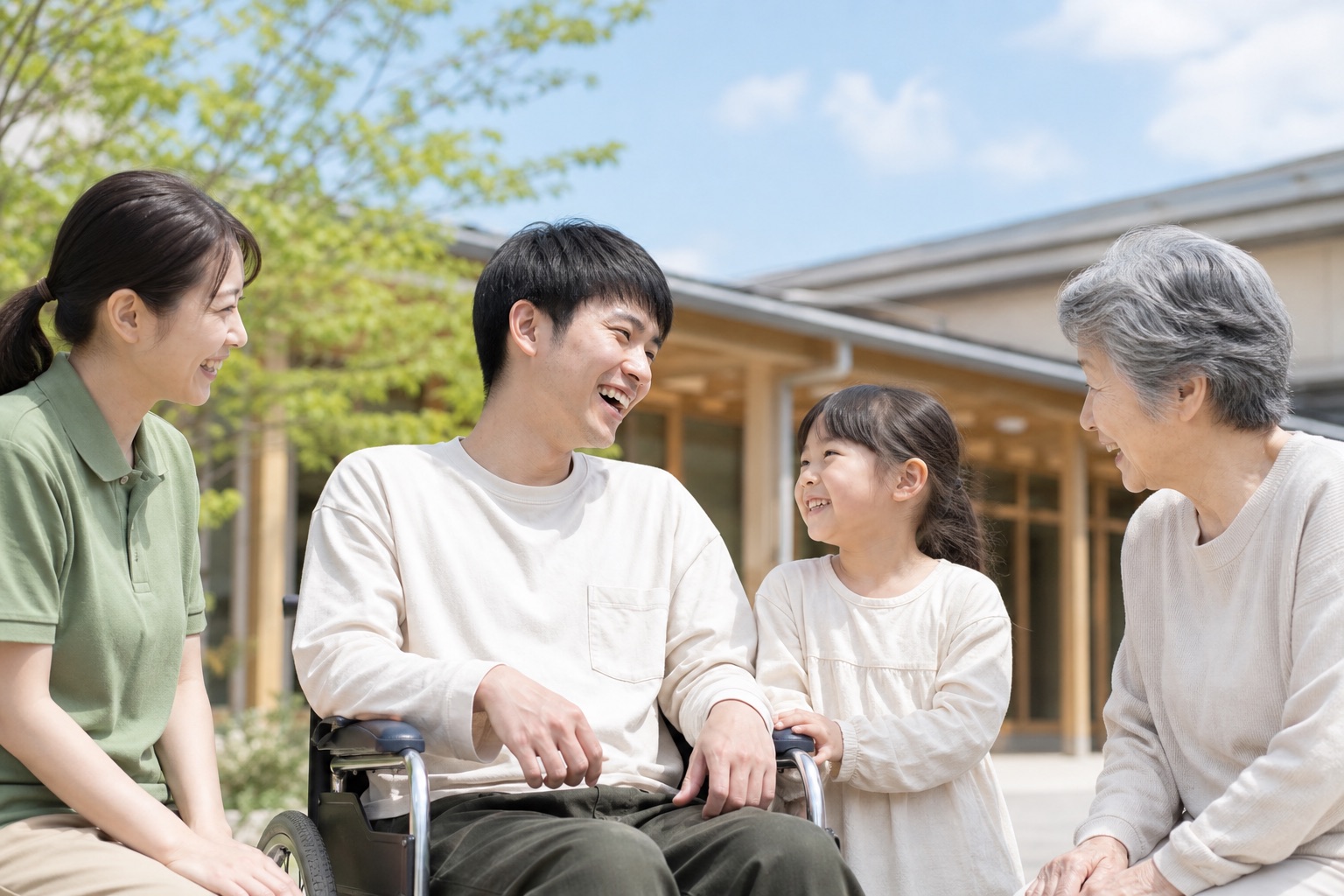 屋外でスタッフ・車いすの成人男性・小学生の女の子・70代の女性が集う多世代のひととき（イメージ写真）