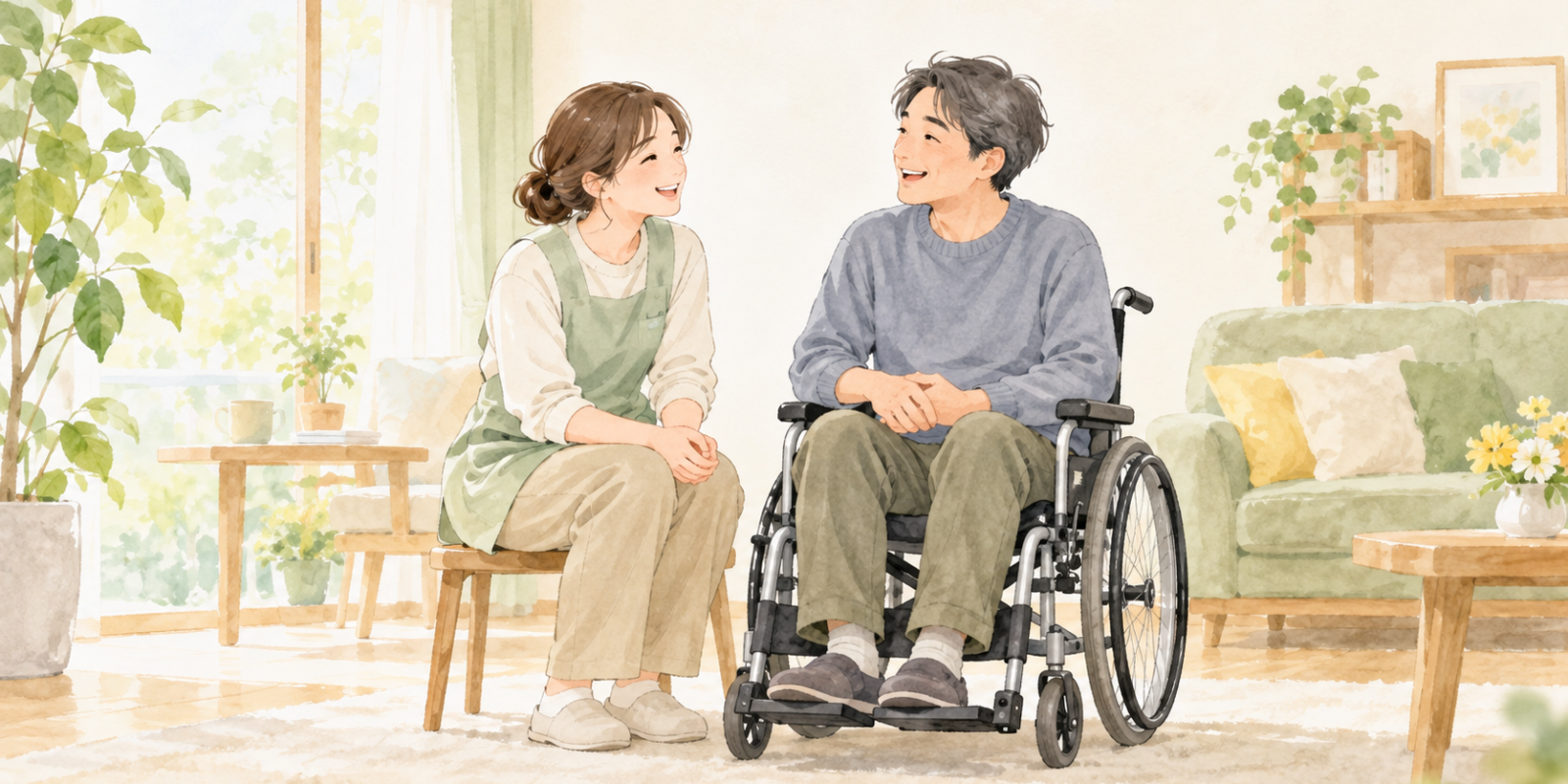 室内で会話する支援者と車いす利用者の水彩イラスト