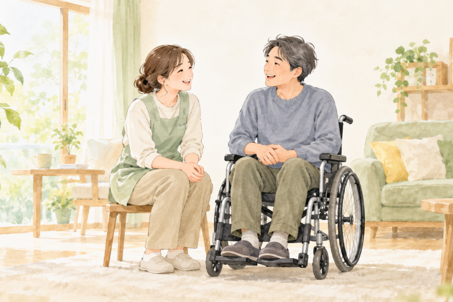 室内で会話する支援者と車いす利用者の水彩イラスト