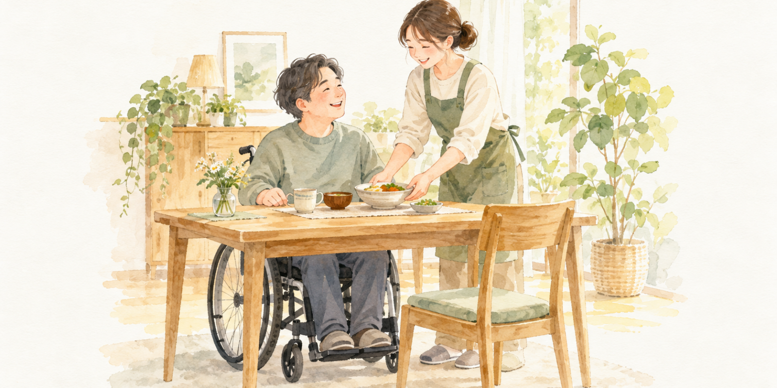 自宅で食事の準備を支えるヘルパーと車いす利用者の水彩イラスト