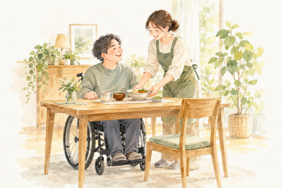 自宅で食事の準備を支えるヘルパーと車いす利用者の水彩イラスト