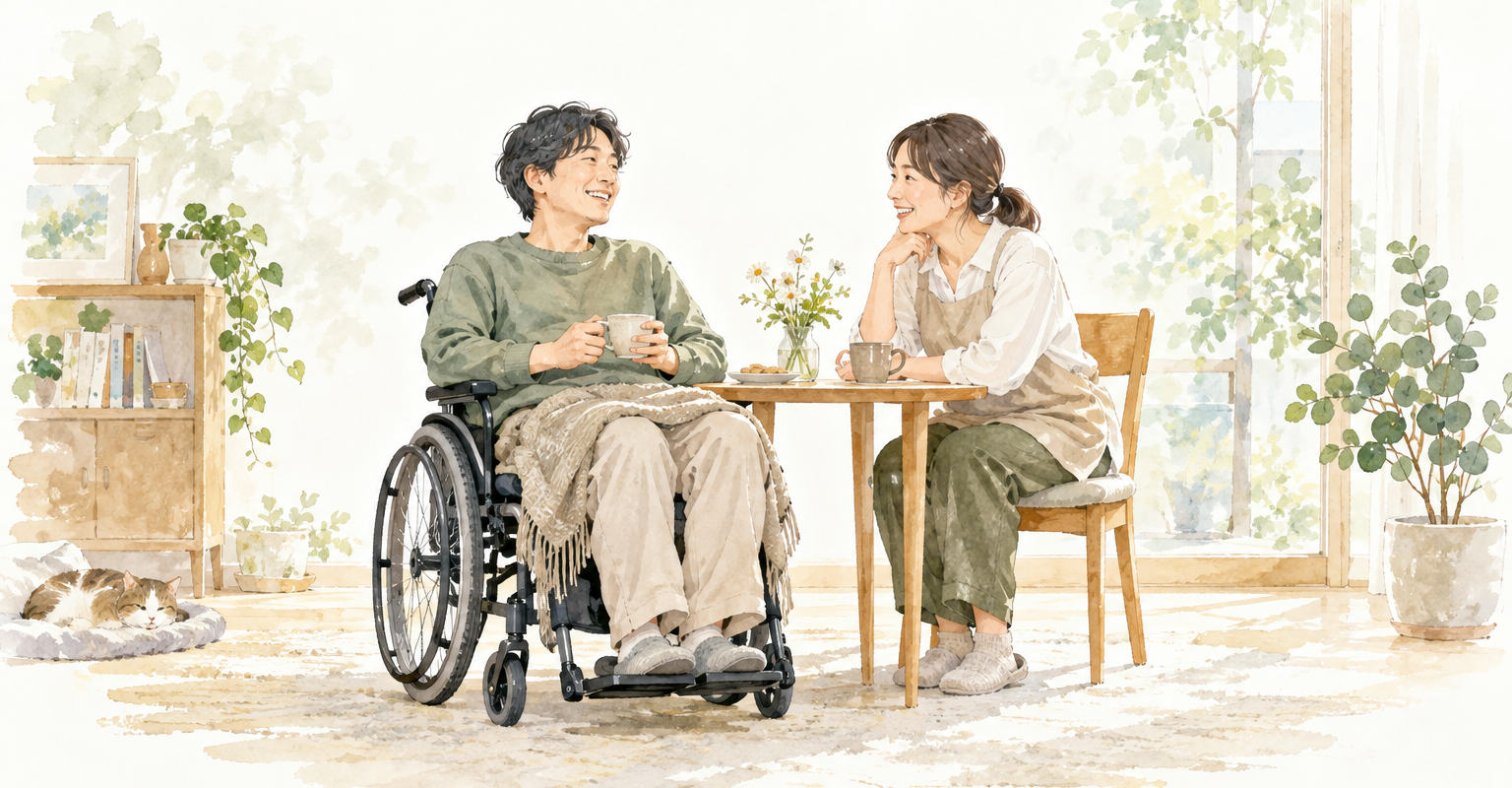 自宅で車いす利用者と同じ目線で対話する支援者の水彩イラスト