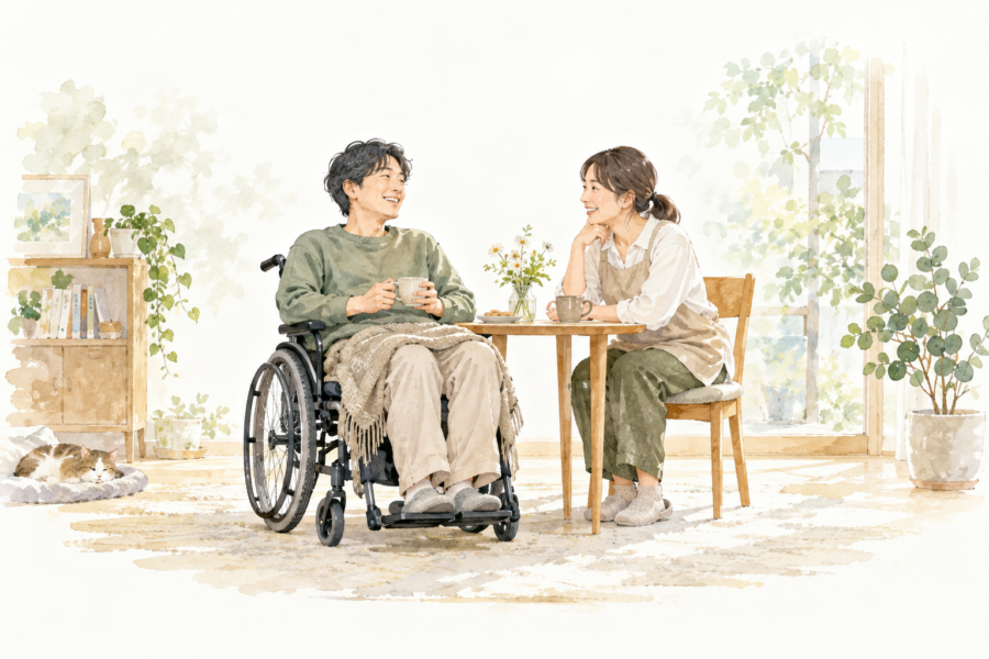 自宅で車いす利用者と同じ目線で対話する支援者の水彩イラスト