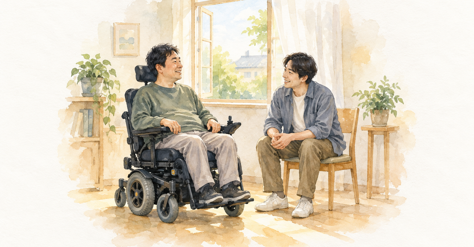 自宅の窓辺で電動車いす利用者と支援者が穏やかに対話する水彩イラスト
