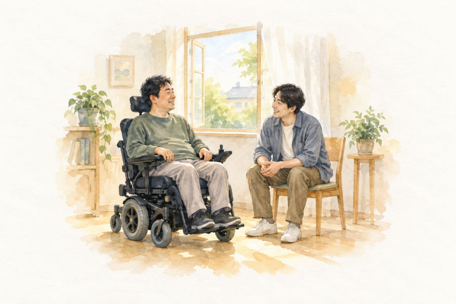 自宅の窓辺で電動車いす利用者と支援者が穏やかに対話する水彩イラスト