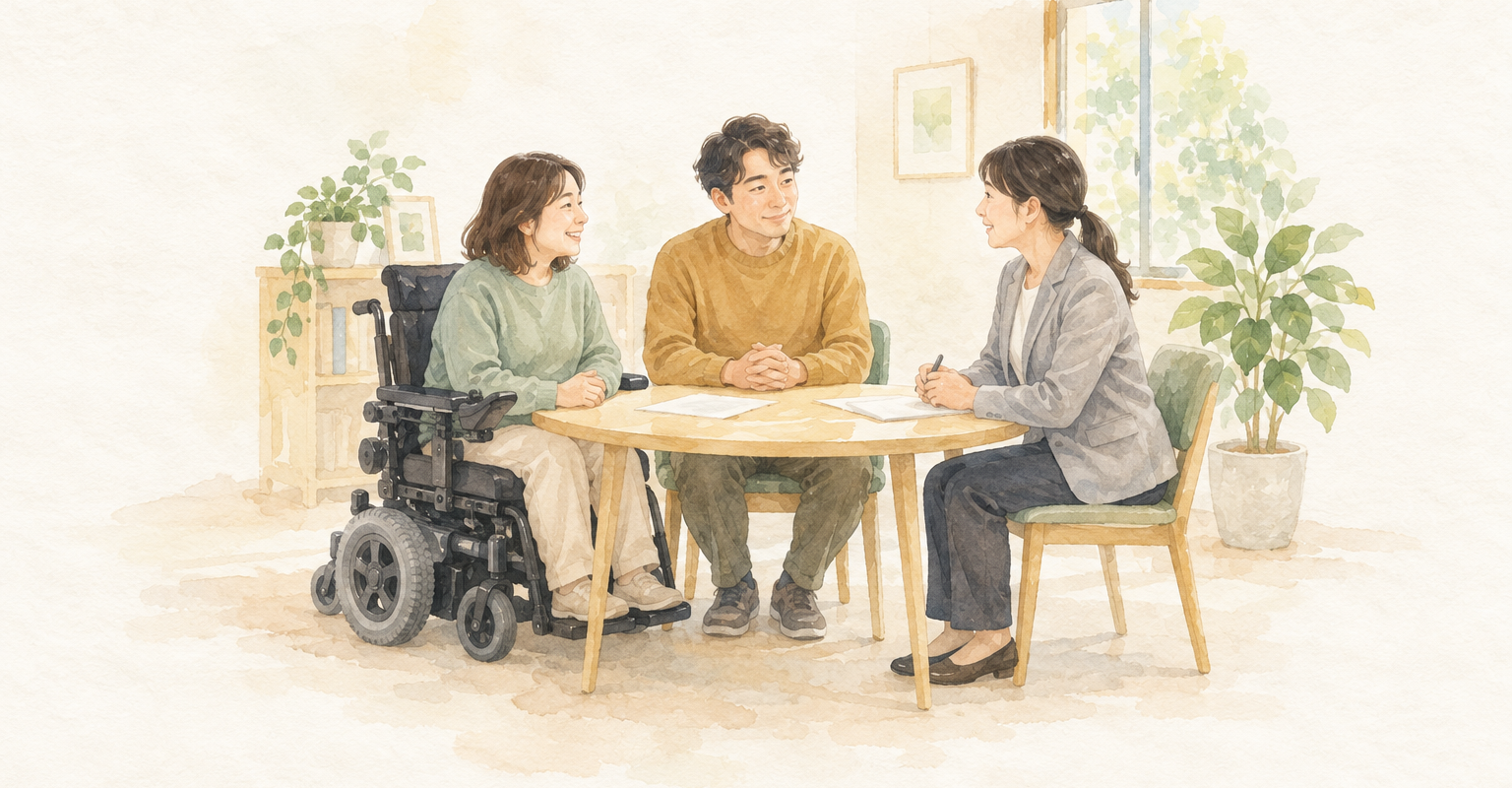 車いす利用者と家族が支援の利用について相談する水彩イラスト