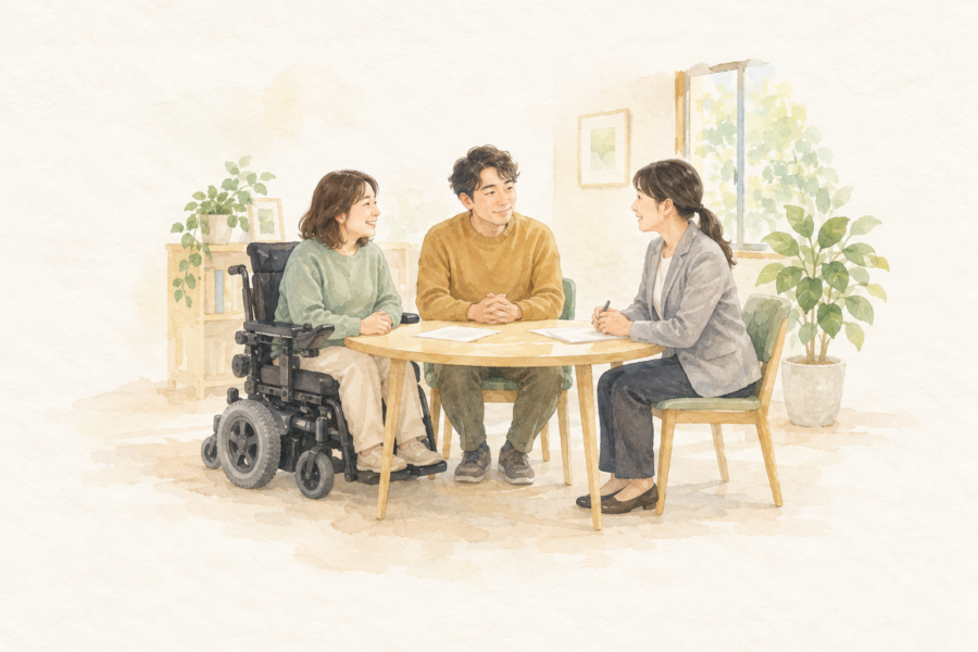 車いす利用者と家族が支援の利用について相談する水彩イラスト