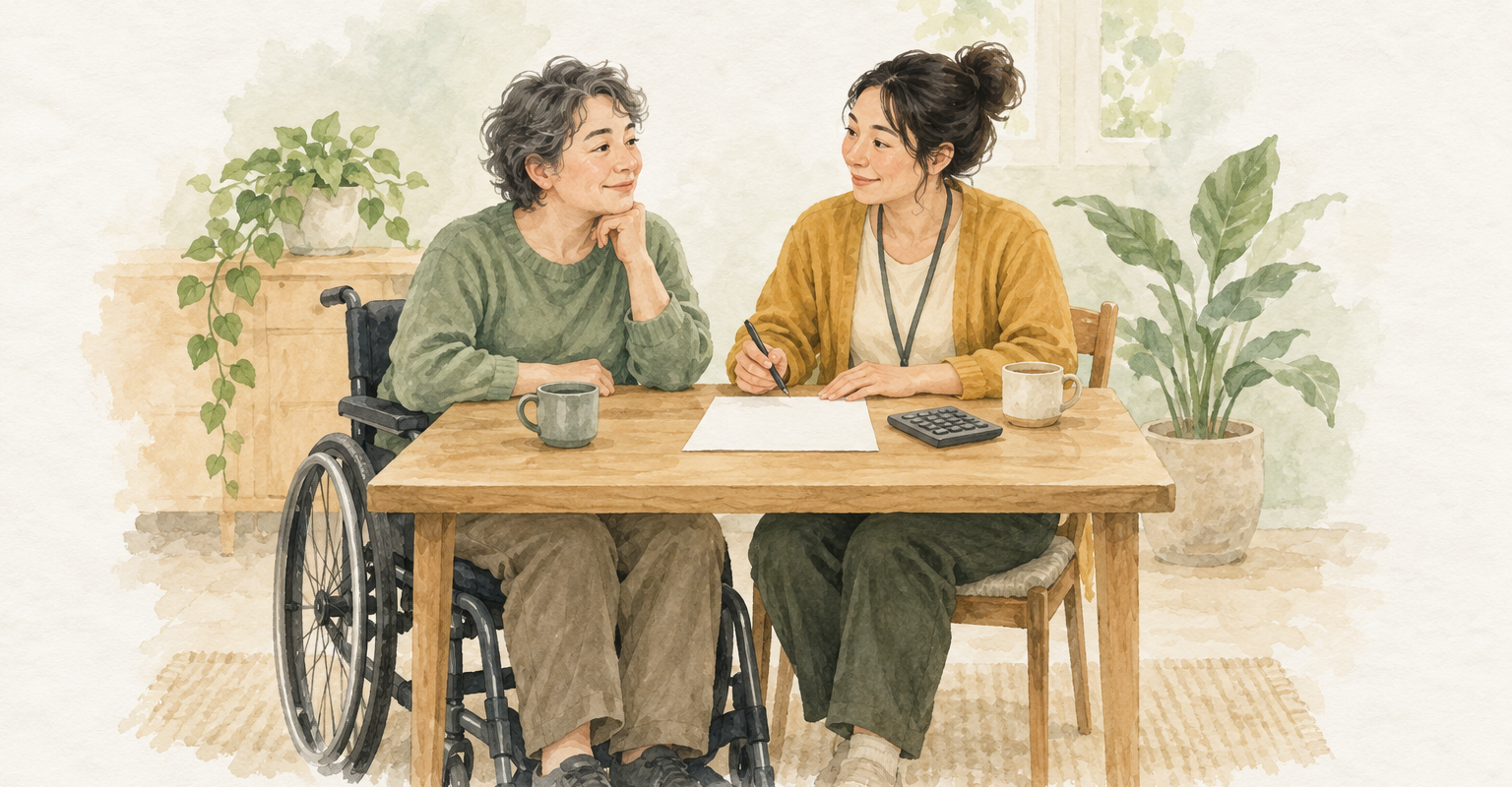 車いす利用者と支援者が自宅で費用について相談する水彩イラスト