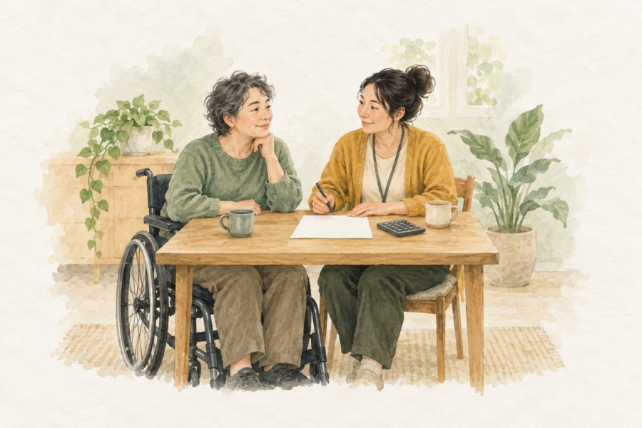 車いす利用者と支援者が自宅で費用について相談する水彩イラスト