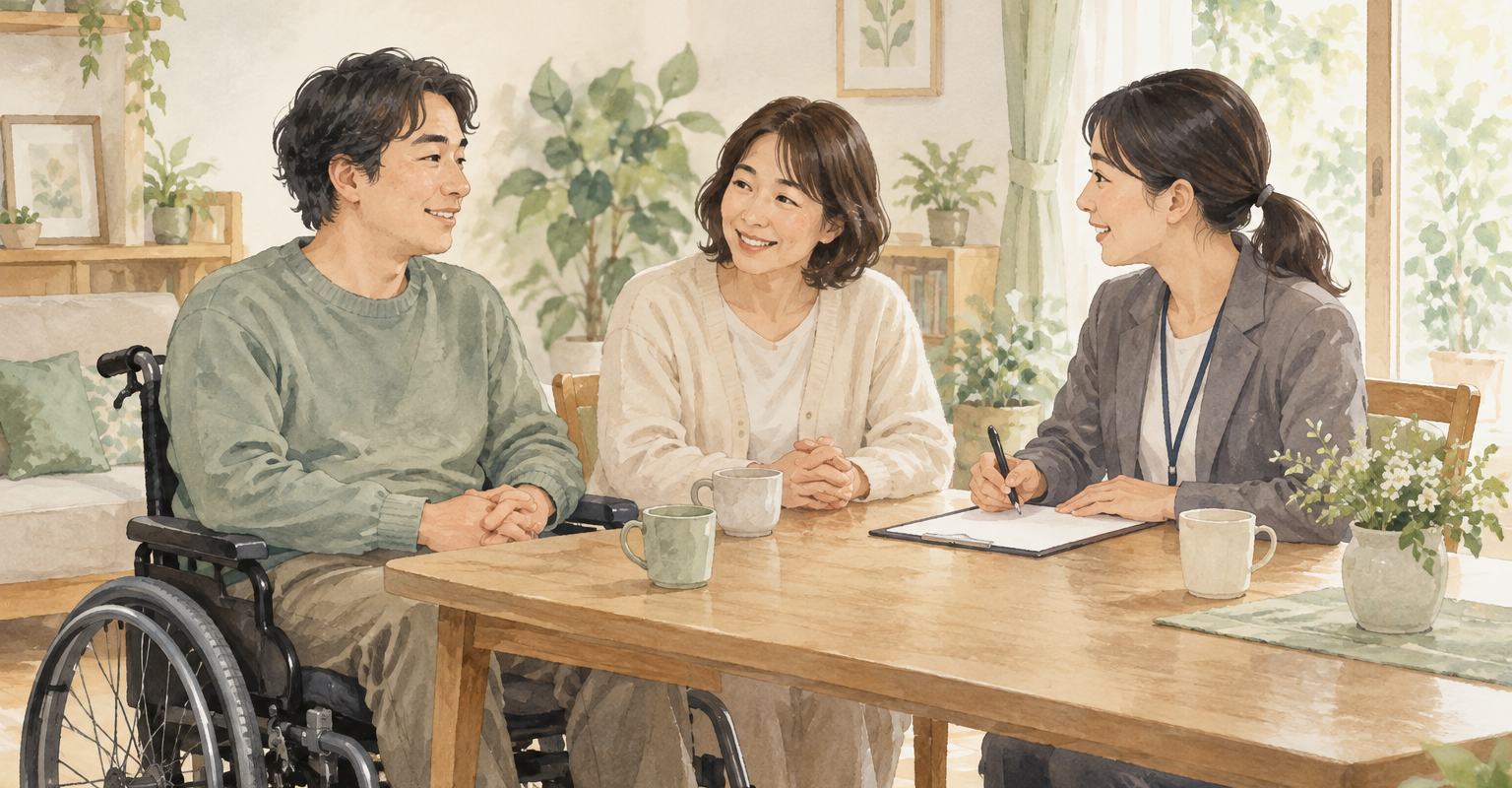 自宅で本人と家族が支援者に初めて相談する水彩イラスト