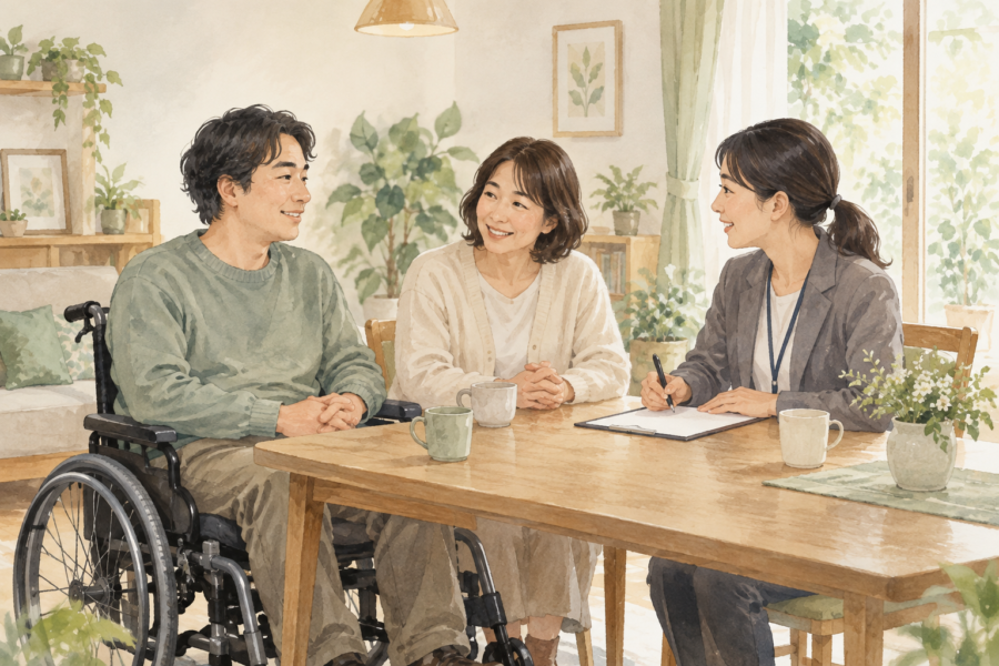 自宅で本人と家族が支援者に初めて相談する水彩イラスト